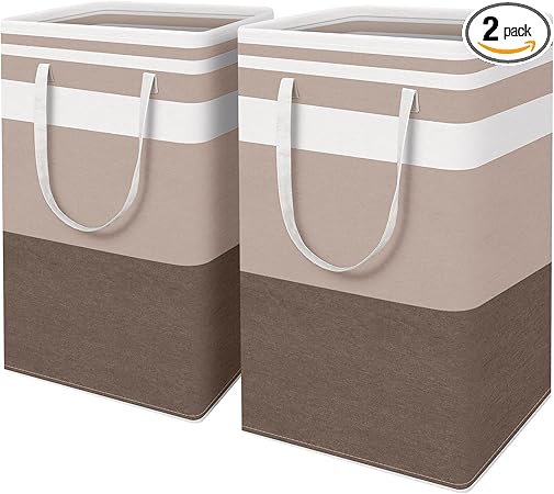 HomeHacks 2-Pack Large Laundry Basket, Waterproof, Freestanding Laundry Hamper, Collapsible Tall Clothes Hamper with Extended Handles for Clothes Toys in the Dorm and Family (Brown, 88L)