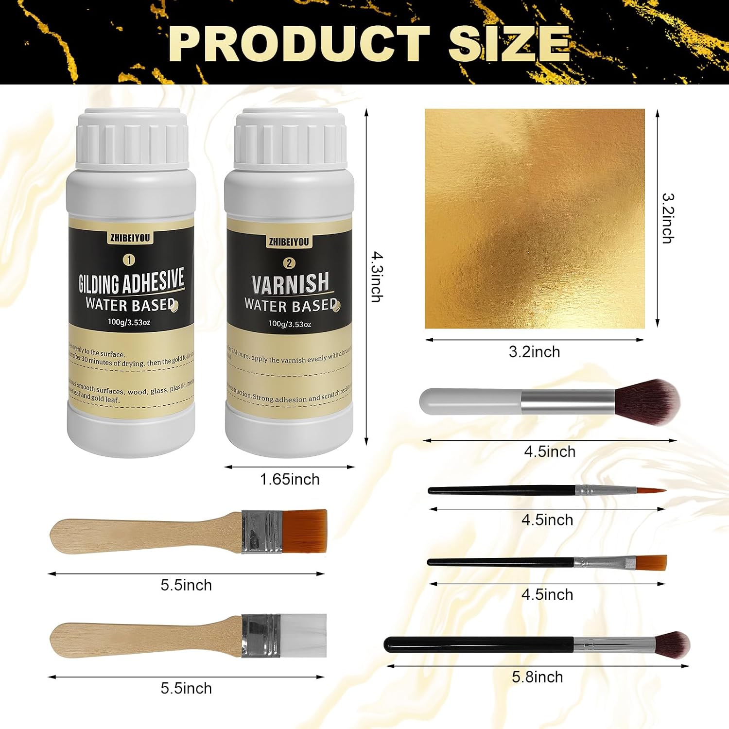 Gold Leaf Gilding Adhesive Kit, Gold Leaf Sheets 100 pcs, 3.53oz Water Based Glue and Varnish, 6 Brushes, for Furniture, Craft, Painting and Arts, All-in-One Gold Foil Set