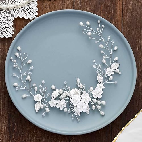 Miniatura 2 de Unicra Silver Bride - Accesorio para el cabello de novia, diseño de flores de vid, accesorios para el cabello de perlas, tocados de hoja, joyería