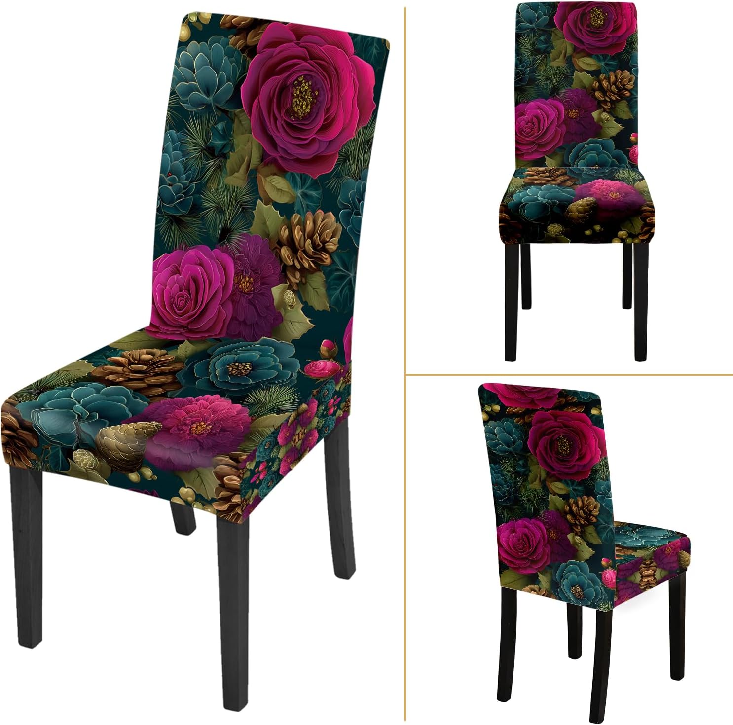 Winter Floral Chair Covers Set of 4 – Stretch Dining Room Slipcovers with Red Roses, Pinecones & Succulents – Washable Rustic Holiday Chair Protector for Christmas and Winter Decor