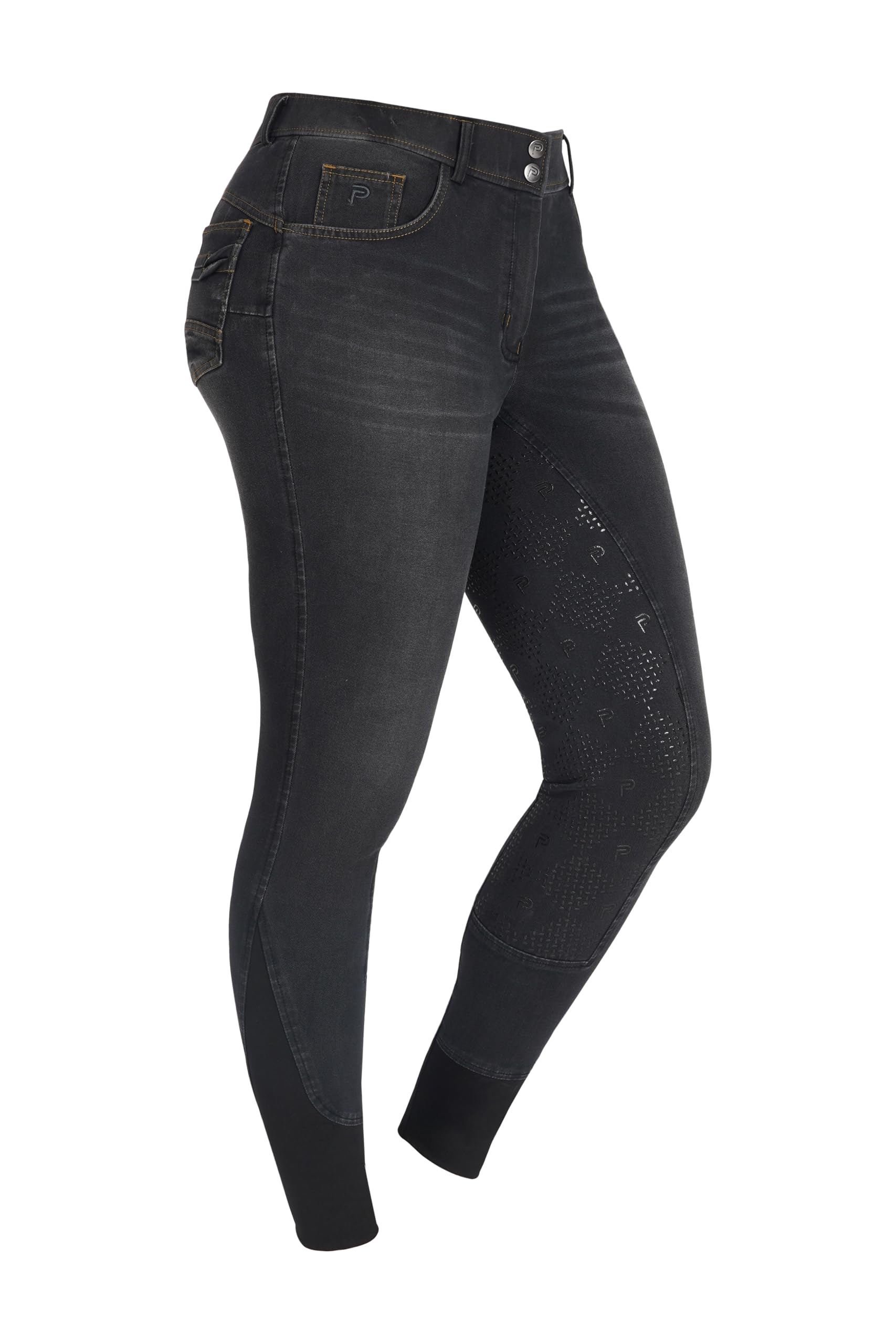 Preto Pantaloni da equitazione da donna in denim di alta qualità, con seduta completa, impugnatura in silicone, morbidi ed elastici, pantaloni da equitazione con tasche