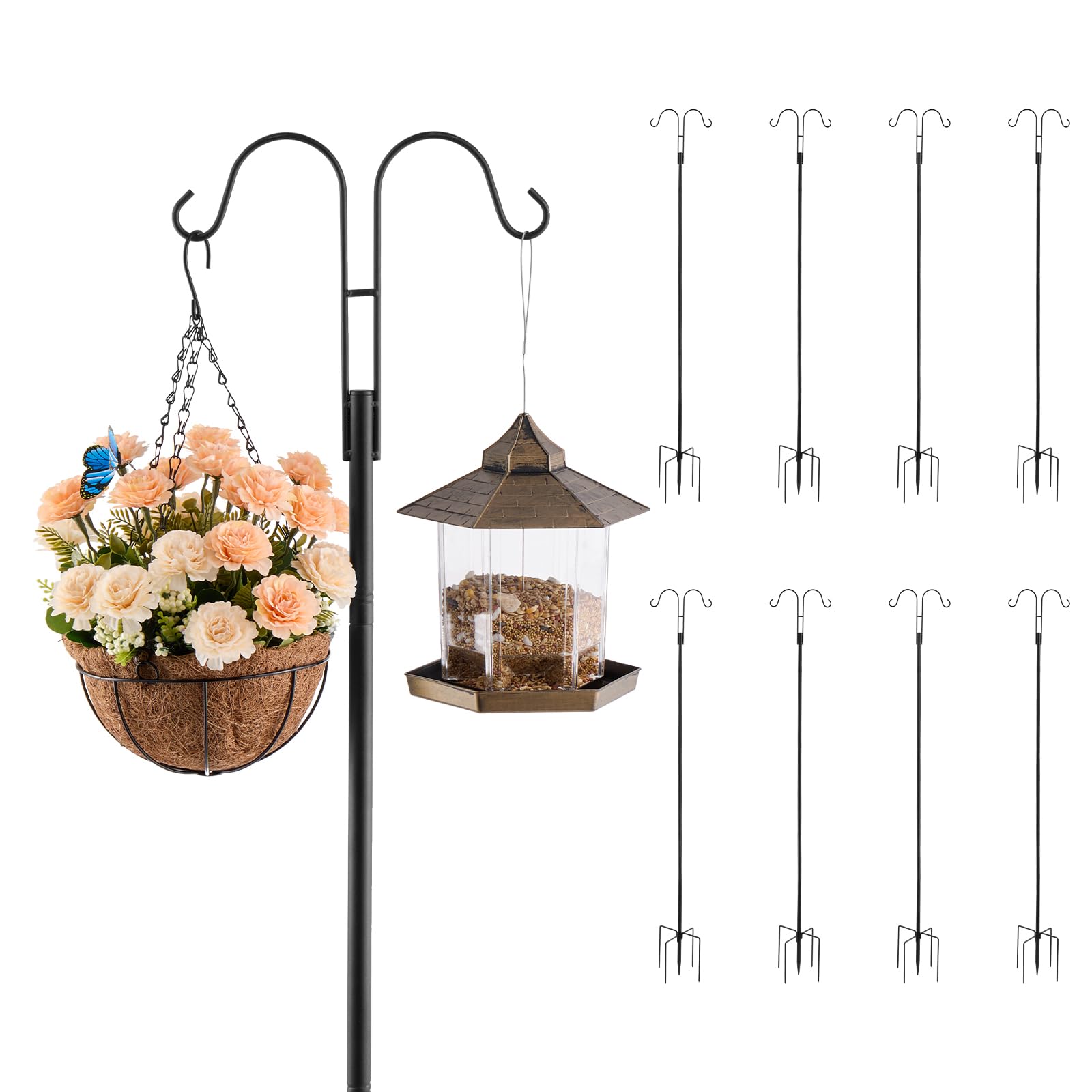 VEVOR Palo Ganci per Mangiatoia per Uccelli Gancio Doppio per Esterni 8 pezzi 1950 mm Palo Mangiatoia per Uccelli da Giardino, Supporto per Appendere Cesti per Piante, Lanterne, Campanelli