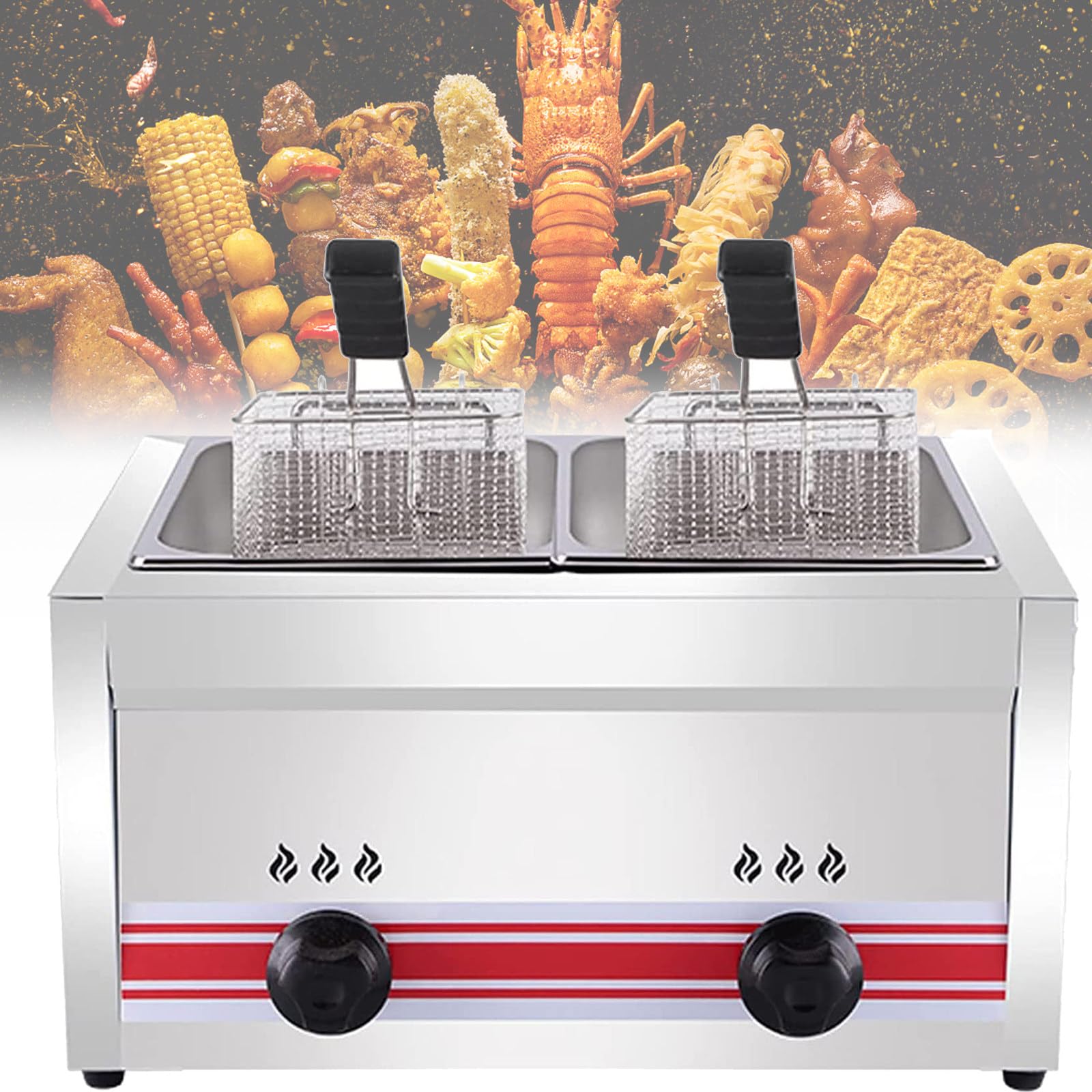 UMJIGF Professional Gas Fryer, 10l/20l/30l Gas Fryer, Stainless Steel Chicken Chips Fryer for Home Commercial Restaurant Kitchen,B10L+10L