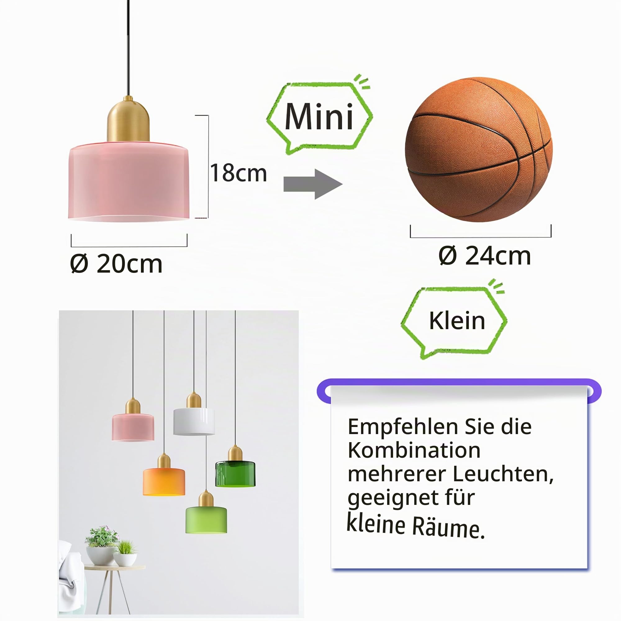 20cm Pendelleuchte Aus Glas Mit Buntem Schirm, Deckenleuchte In Gold Gebürstet, Höhenverstellbar, E27 Moderne Hängelampe Für Küche, Wohnzimmer, Schlafzimmer (Orange gefrostet)