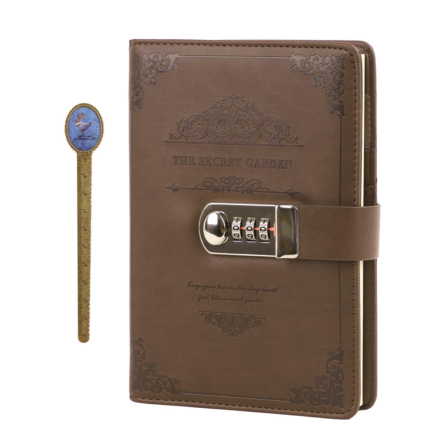 Vintage Embossed Leather PU Journal Diary Notebook with Password Lock Daries Soft Pack Memo Book with Buckle Closure and Pen Holder, Brown