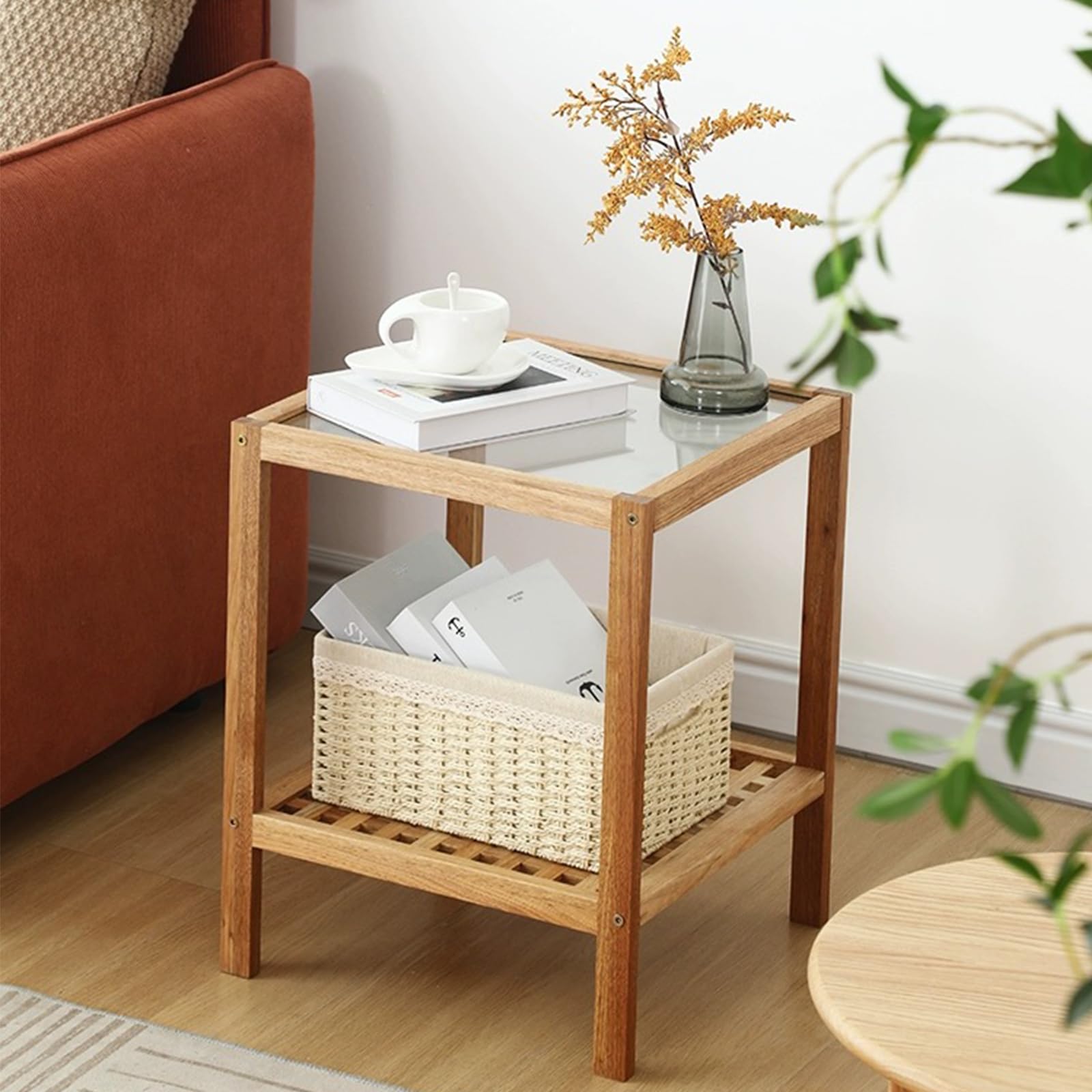 Rattan Side Table Nightstand Bedside Table Wooden End Table Boho Coffee Table Narrow End Table 2 Tier Accent Side Table with Storage Shelves for Sofa, Bedroom, Living Room, Small Spaces qm-y