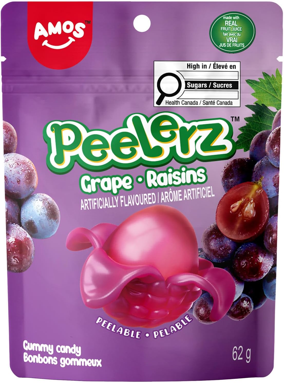 Amos Peelable Gummy Grape, Peelerz Gummy Grape Peeling Candy,Resealable 2.19oz Bag Fruit Gummies(Pack of 3)