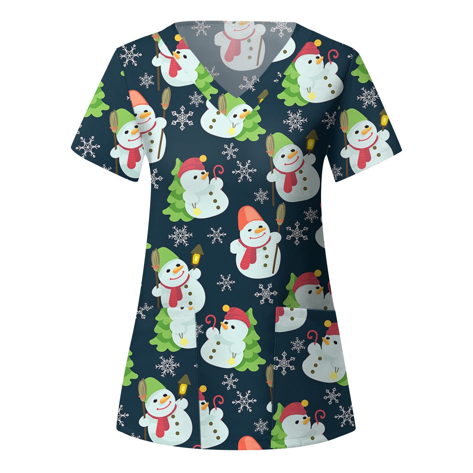 Scrubs Uniforms Women,Christmas Women Short Sleeve V-neck Snowman Pattern Top Nursing Uniform T-shirts,Wrap Top Working Uniform Comfortable Loose Women Shirt