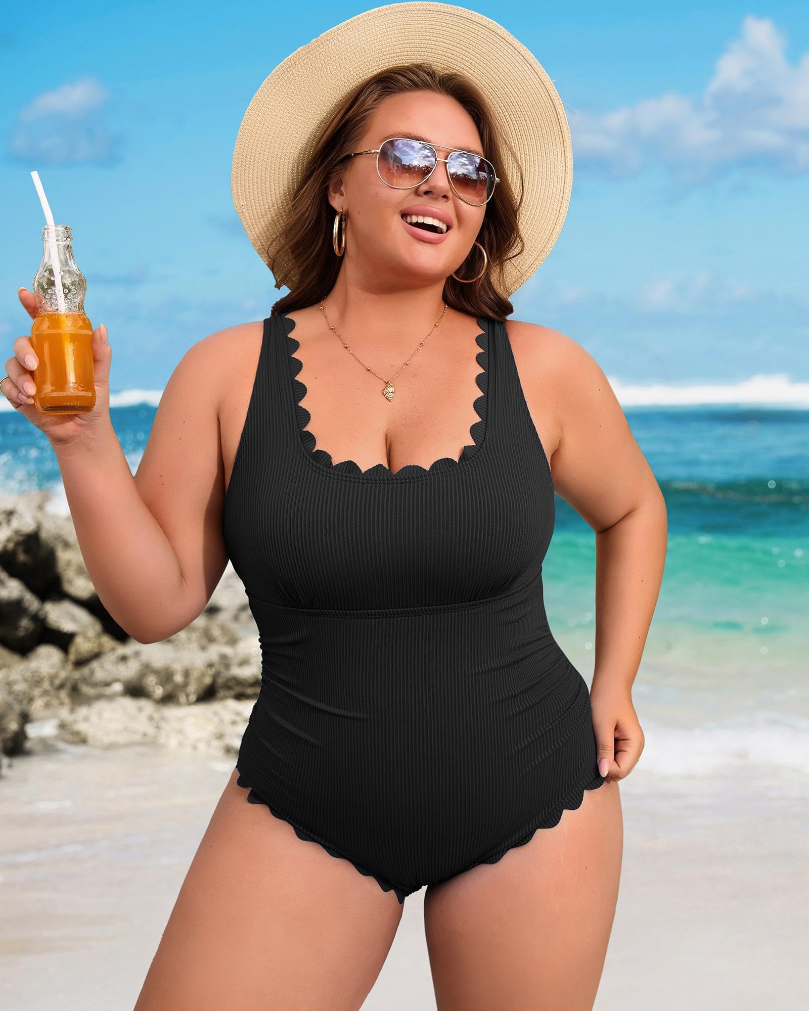 Charmo Plus Size Swimsuit for Women 2026 Tummy Control Scalloped Ribbed One Piece Swimsuits Ruched Modest Bathing Suit: Black 4X