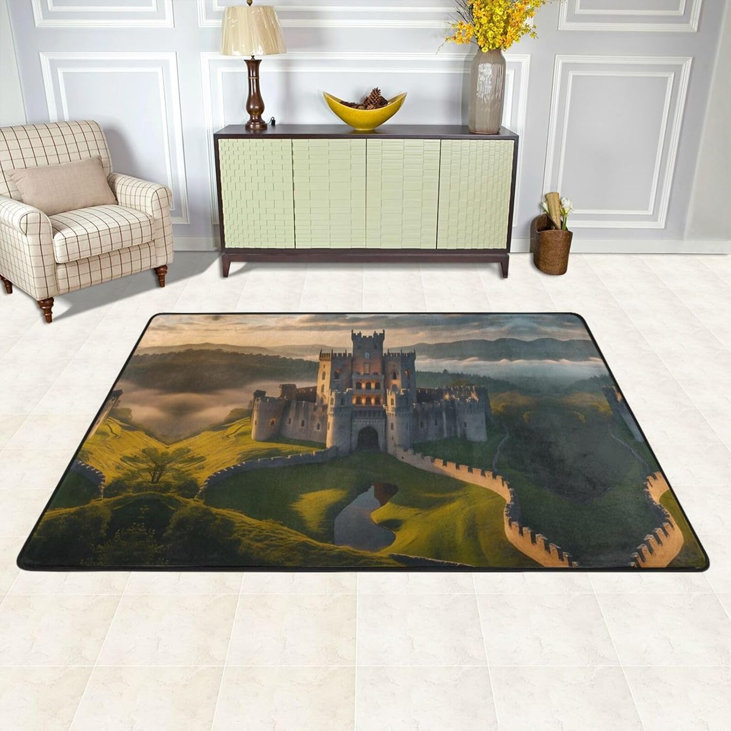 Medieval Castle Picture Anti-Slip Floor mat Carpet Rug 72"x48" for Living Room Office Coffee Table Bed Balcony