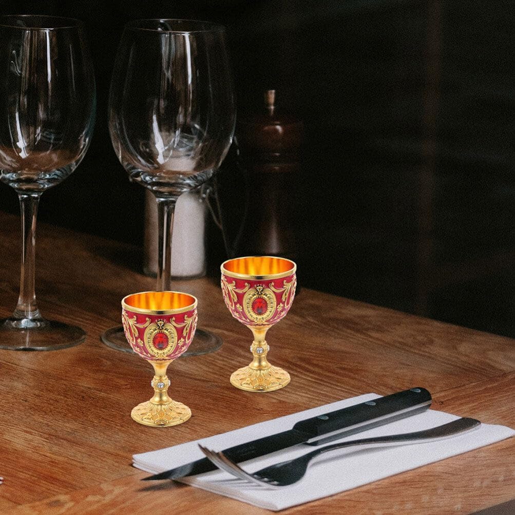 Zerodeko 2 pcs Vintage Whiskey Cup Embossed Metal Liquor Cup Small Wine Goblet for Home Bar Cocktail Serving Retro Drinkware 2.75 X 1.69 X 1.69 in