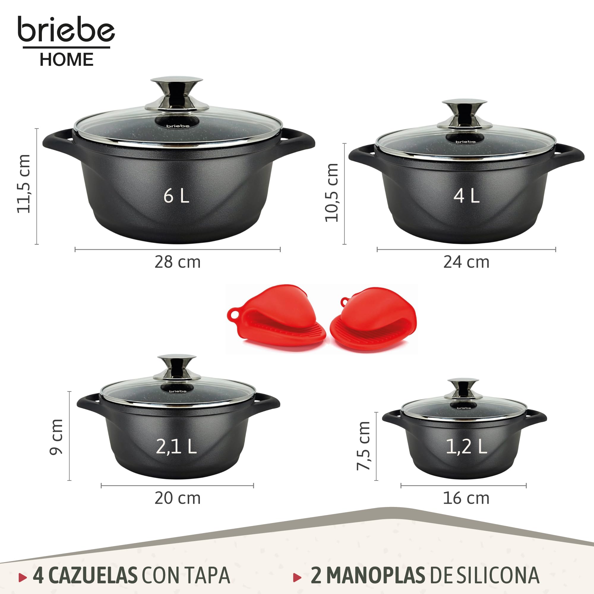 briebe Batería Cocina Inducción 8 Piezas, Juego 4 Ollas Aluminio Fundido, Antiadherente ILAG GRANITEC sin PFOA, Set Cazuelas Tapas Cristal, Guantes Silicona, Vitrocerámica, Gas, Horno, MGK-12