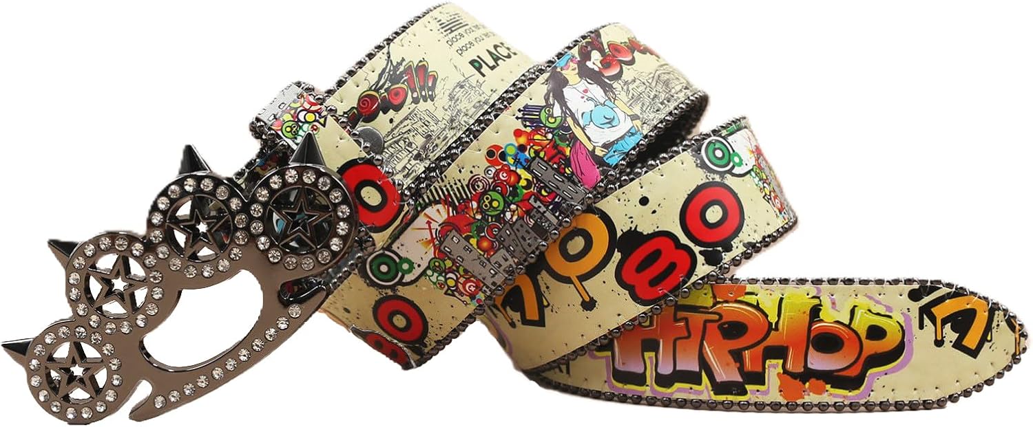 Hip Hop & Punk Graffiti Western Printed Pattern Studded Belt Cute Hollow Cat Paw Rhinestones Buckle Leather Strap