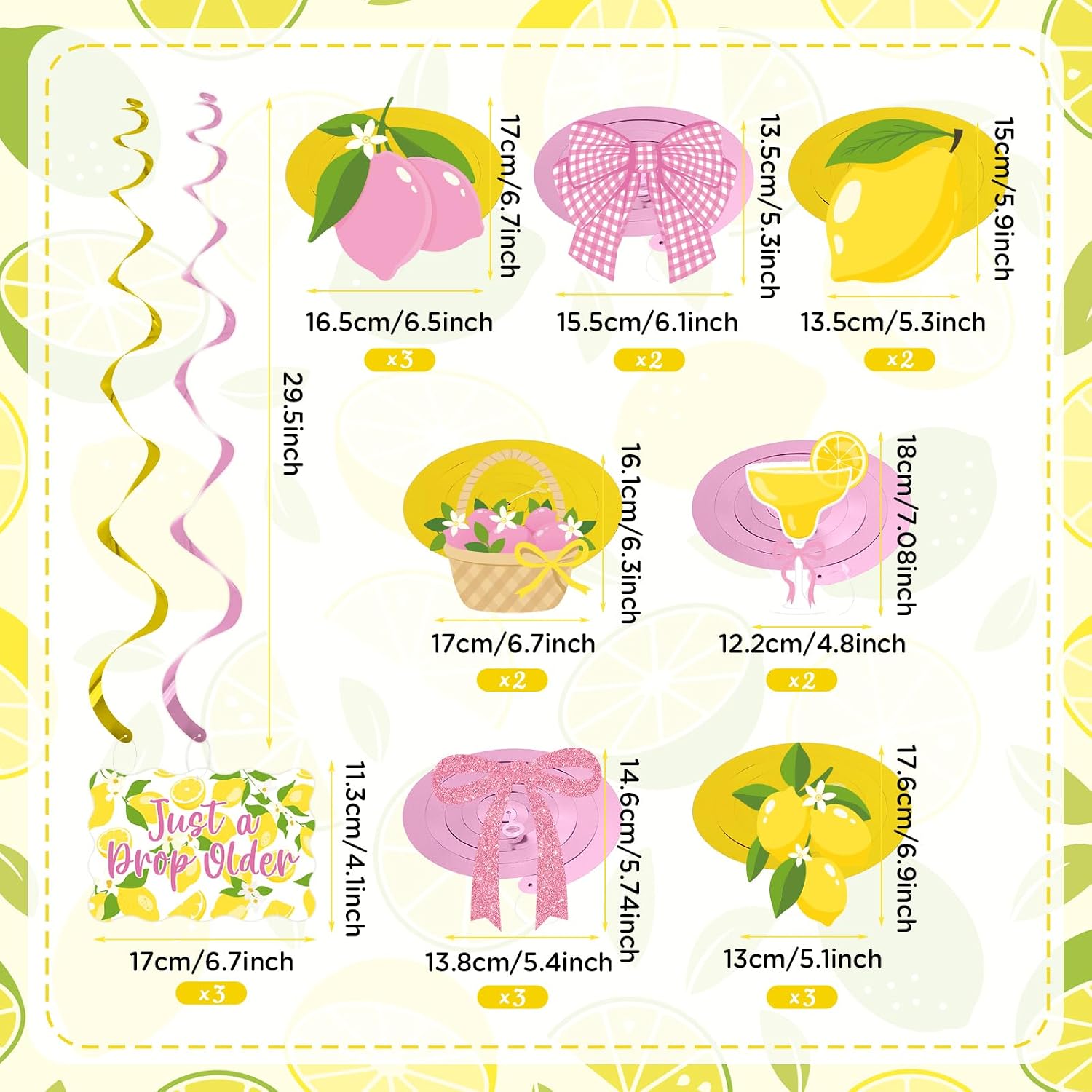 20Pcs Lemon Hanging Swirl Decorations,Yellow and Pink Just A Drop Older Lemonade Party Hanging Decor for Summer Cocktails Party Martini Birthday