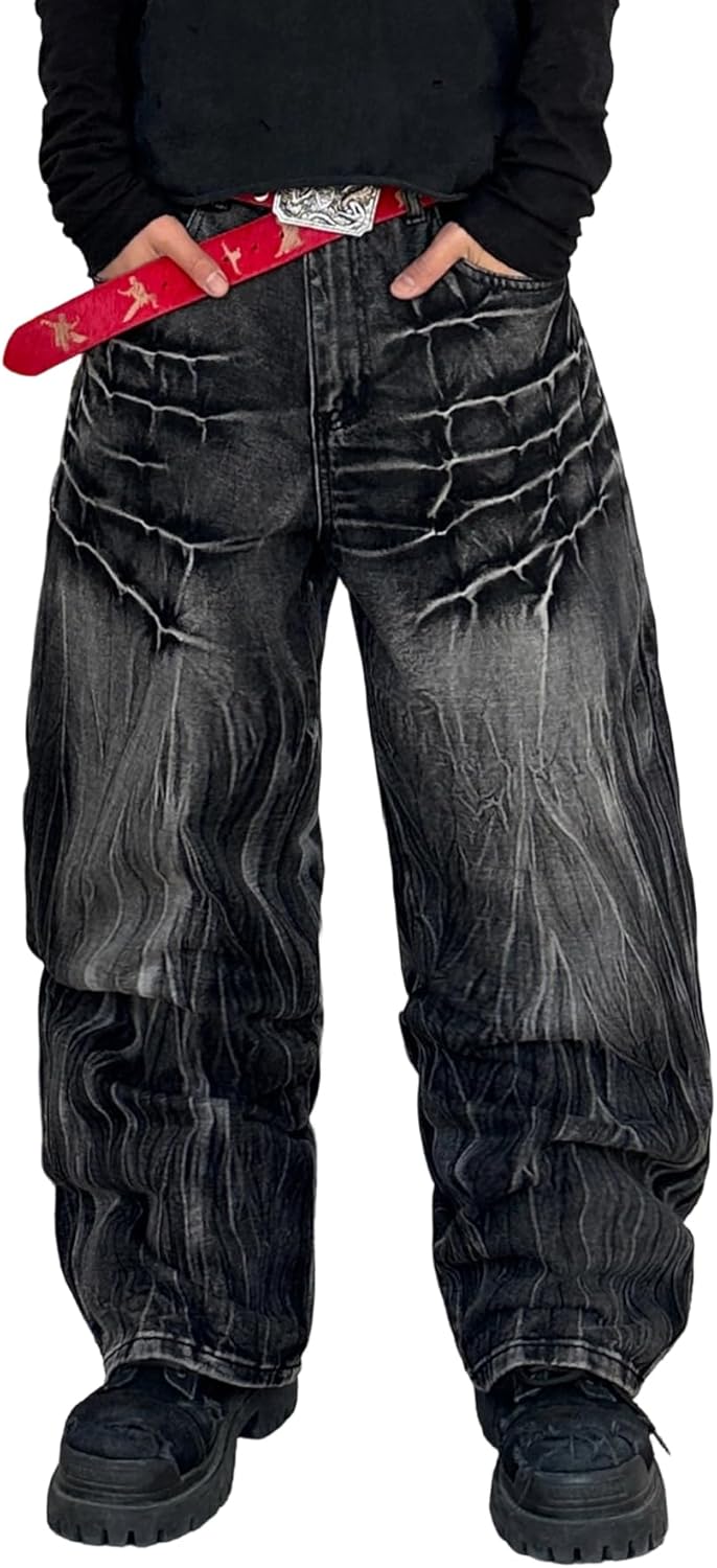 DFGIGT Mens Streetwear Hip Hop Baggy Jeans Wide Leg Skater Denim Pants Loose Long Trousers
