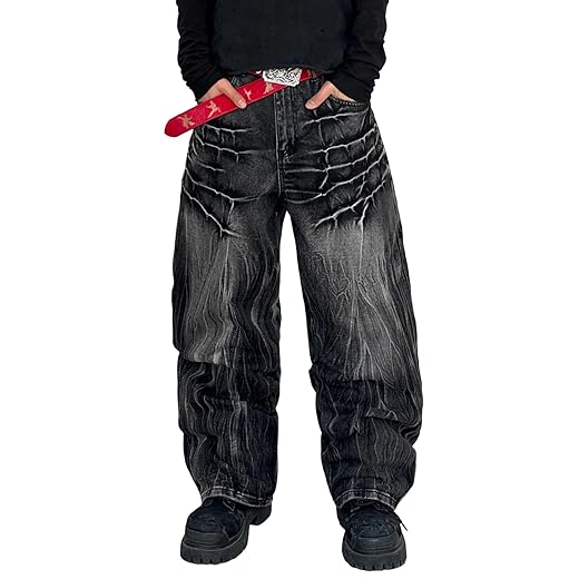 DFGIGT Calça jeans masculina urbana hip hop folgada perna larga skater calça jeans solta