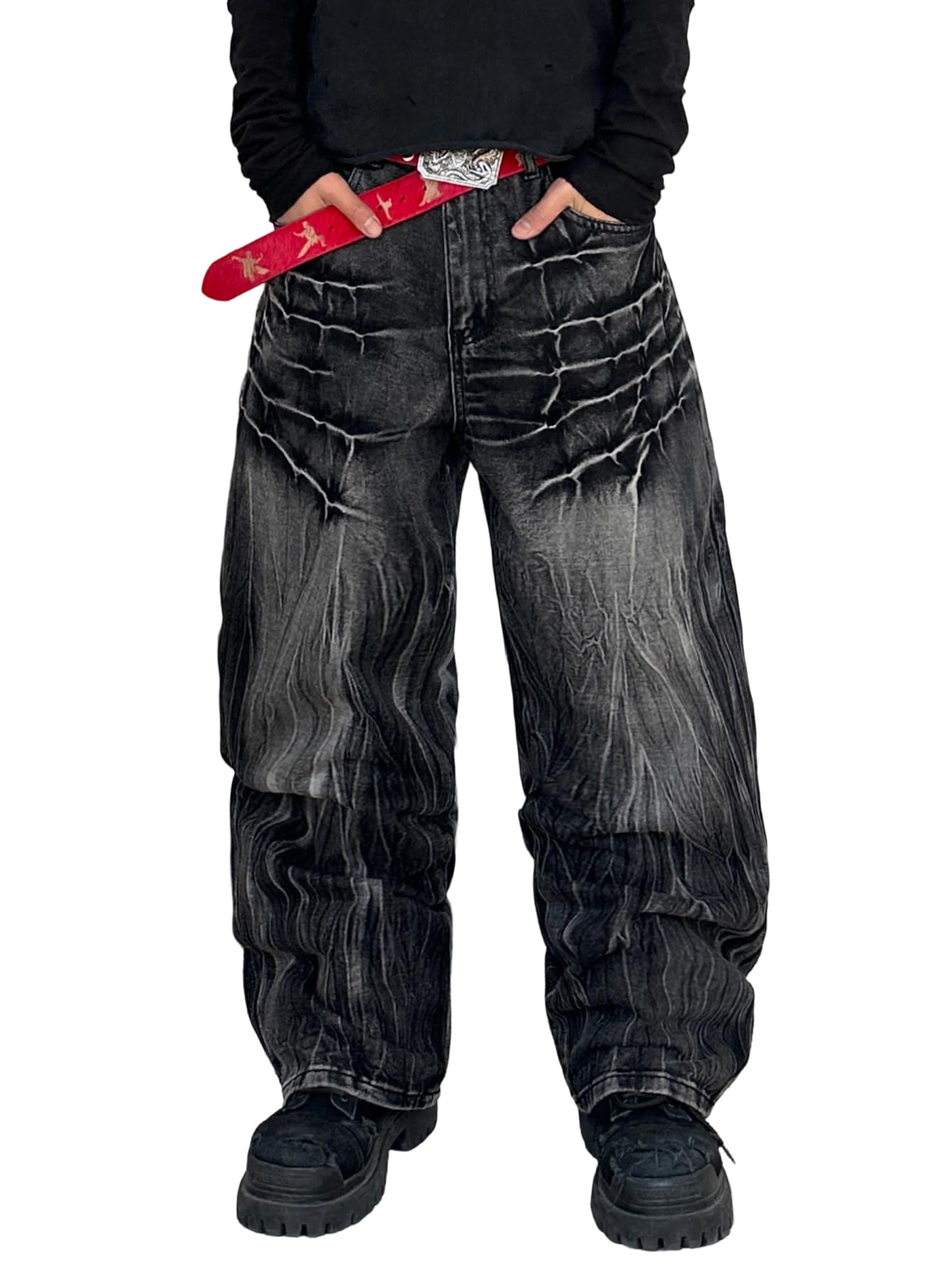 Mens Streetwear Hip Hop Baggy Jeans Wide Leg Skater Denim Pants Loose Long Trousers