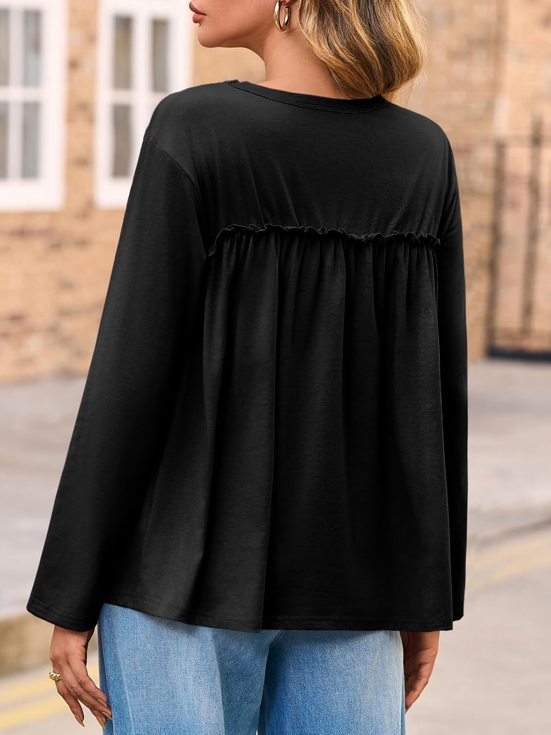 Cicy Bell Womens Babydoll Tunic Tops Pleated Long Sleeve Crew Neck Peplum Shirts Casual Loose Fit Flowy Blouse - Image 2