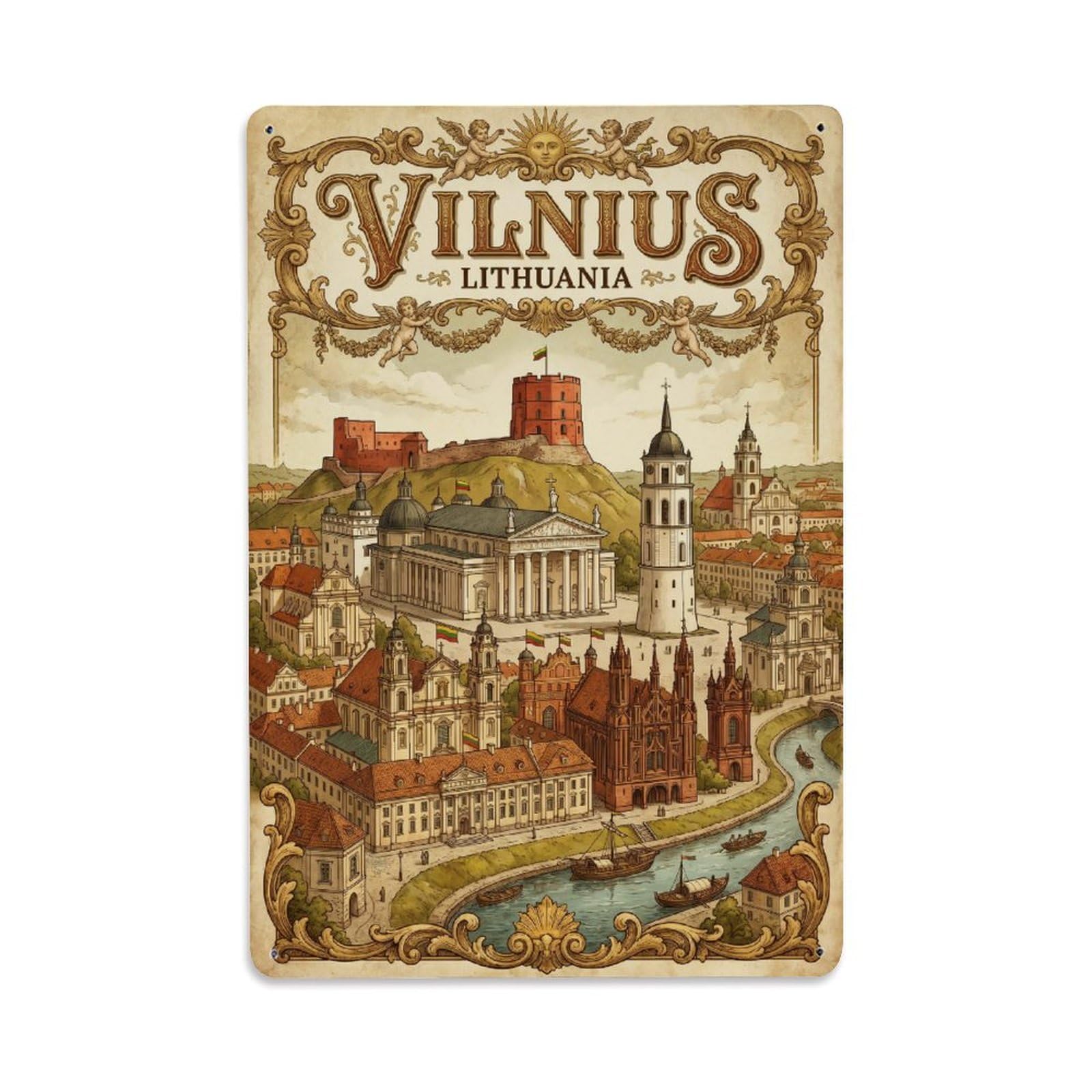 Vintage Travel Lithuania Vilnius Metal Tin Sign