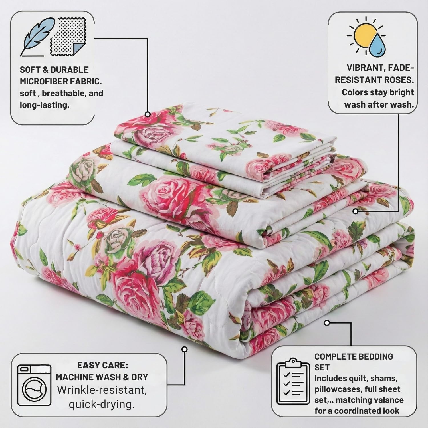 DaDalogy Bedding 14-Pieces Floral Bed in a Bag Set - Romantic Roses Lovely Blooming Pink Bedspread Fitted & Flat Sheets Set w/Throw Euro Sham Pillow Covers & Window Curtain Valance - Queen Size