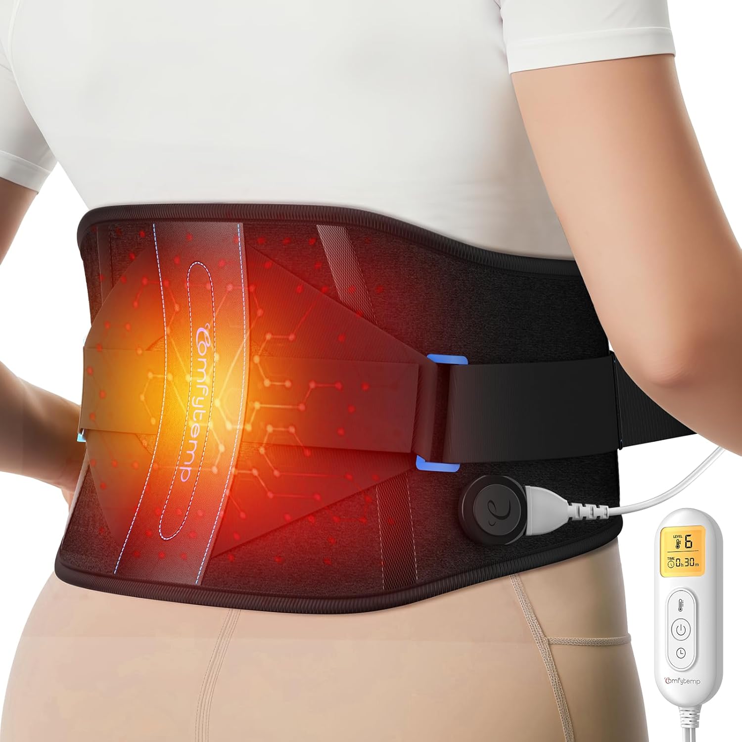 Comfytemp Heating Pad for Back, Electric Heat Pad with Lumbar Support Brace for Period, Larger Back Heated Wrap with 6 Heat Setting & 3 Timers for Women Men Mom Dad Elderly, Waist Up to 59"