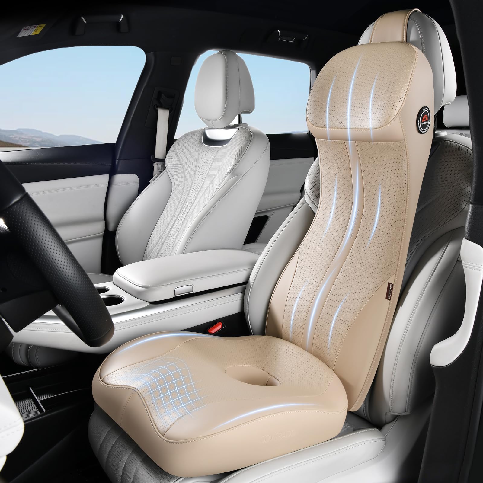 Coverado Car Seat Cushion and Lumbar Support Headrest Pillow, Integrated Ergonomic Memory Foam Back Support Neck Pillow, Soft Leather Breathable Driving Seat Cushion for Sciatica Pain Relief, Beige