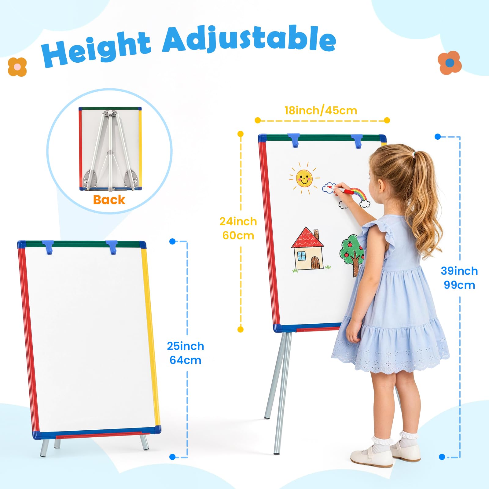 Magnetische Whiteboard-Staffelei mit Ständer, trocken abwischbar, Flipchart-Tafel für Schule, Klassenzimmer, Zuhause, Kinder, Unterricht, farbenfroher Rahmen, 60 x 45 cm