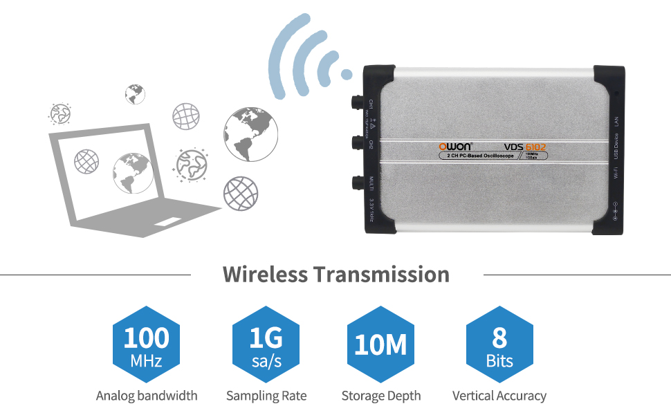 Image of OWON VDS6102 USB PC Virtual Oscilloscope 2+1 (Signal Source) 100 MHz 1GSa /s 8bits ADC Portable Type-C Digital Oscilloscope, Standard SCPI Protocol Supported, LabVIEW Supported