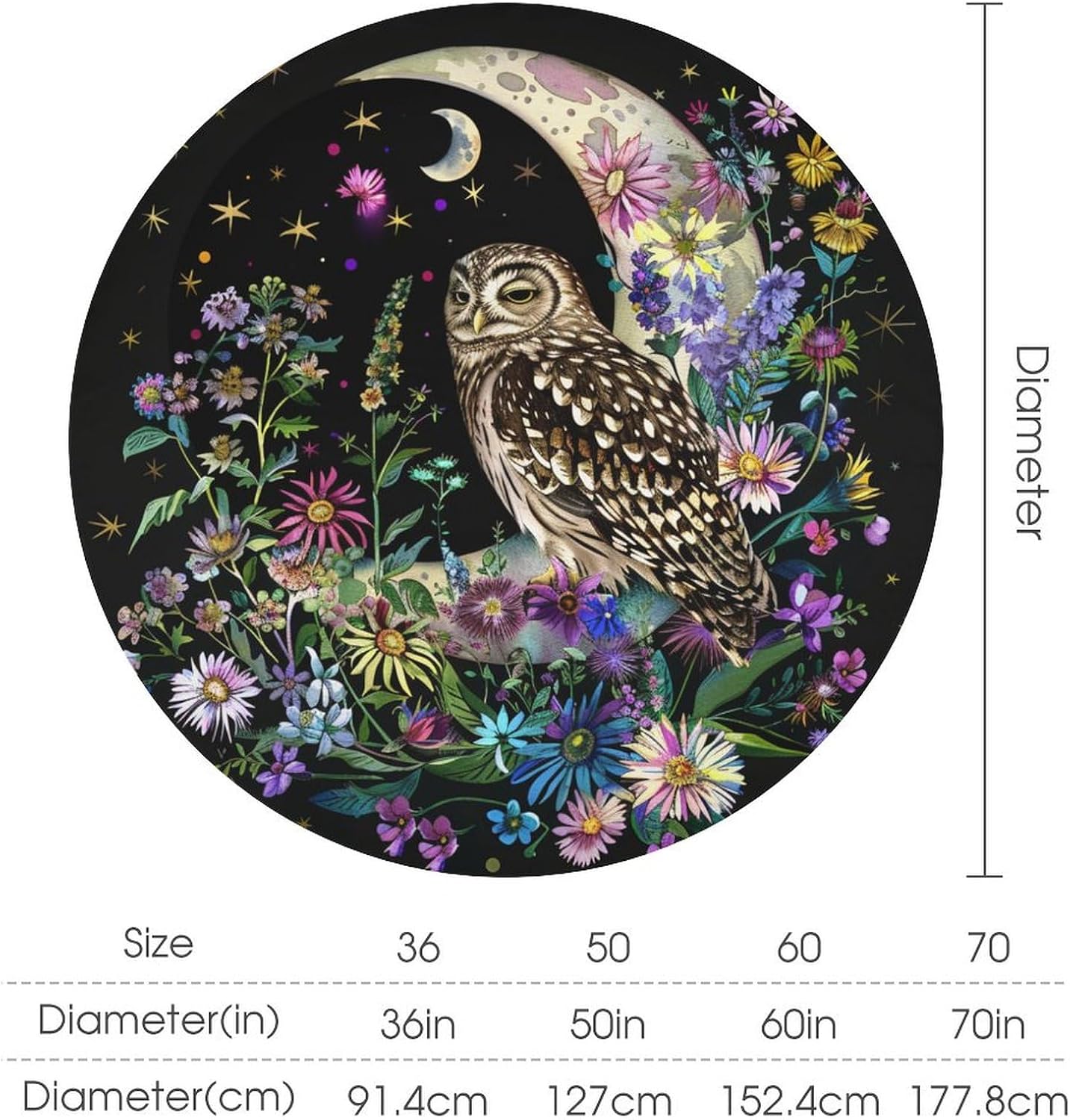 Colorful Floral Owl Round Tablecloths, Moon Star Flower Bird Washable Holiday Decor Table Cover for Kitchen, Dining, Party, 36Inch