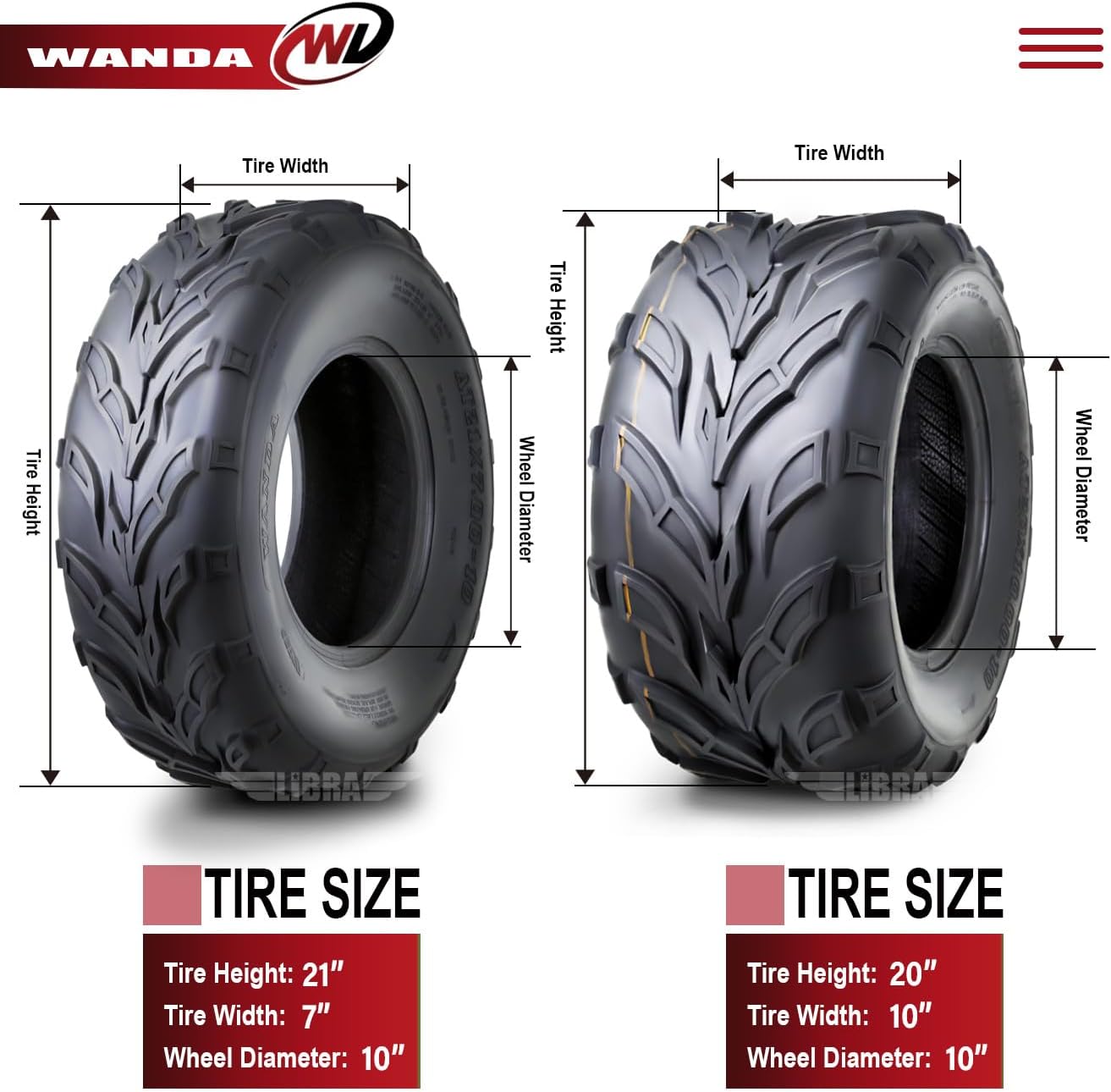 WANDA Set of 4 Sport ATV Tires 21x7-10 Front & 20x10-10 Rear P361
