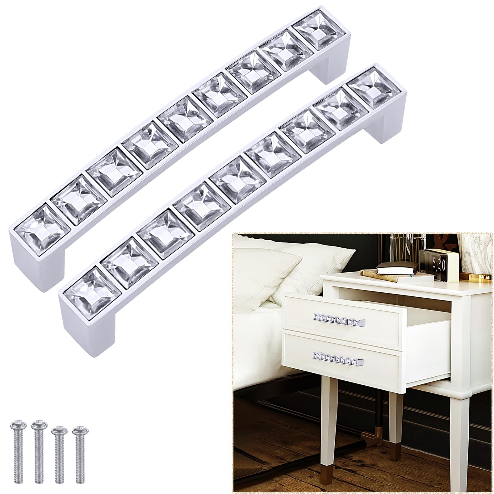 TsunNee 6PCS Shiny Crystal Cabinet Pulls Cabinet Handles, Rhinestone Drawer Pull Handles, Modern Cupboard Bow Pulls, Furniture Door Pull Handles, 96mm 3.78 Inches Hole Distance