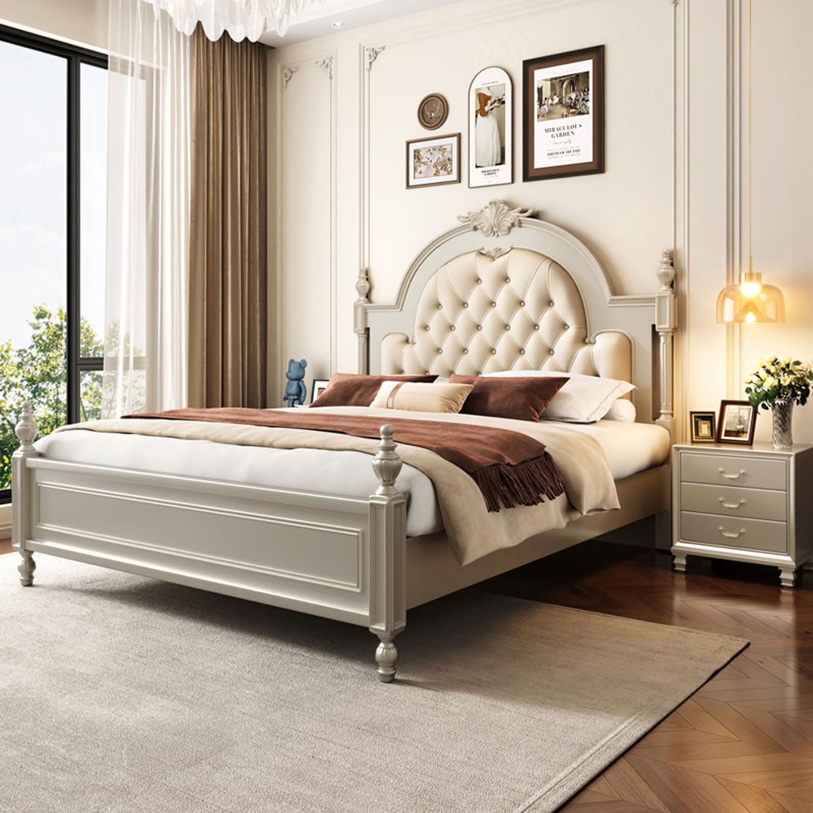 Modern King Size Genuine Leather Bed with Wingback Headboard and Storage Drawers Upholstered Platform Bed Frame No Box