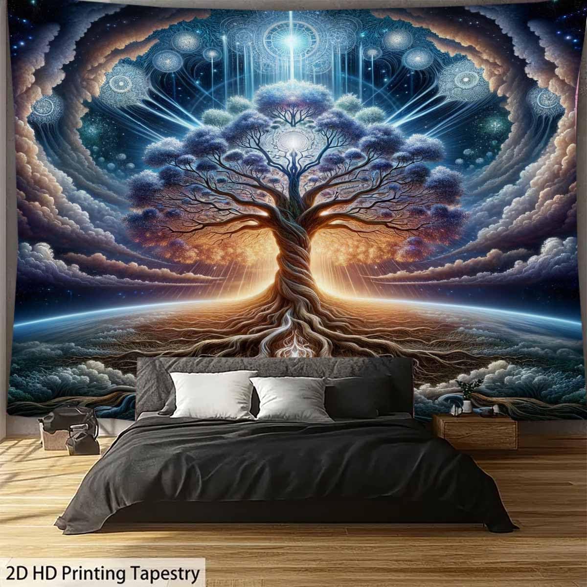 FEDNROM Tree Of Life Earth Tapestry Grey and Blue Galaxy Star Tapestry Aesthetics Wall Hanging for Men's Bedroom, Space Night Sky Tapestries Poster Blanket College Dorm Home Decor