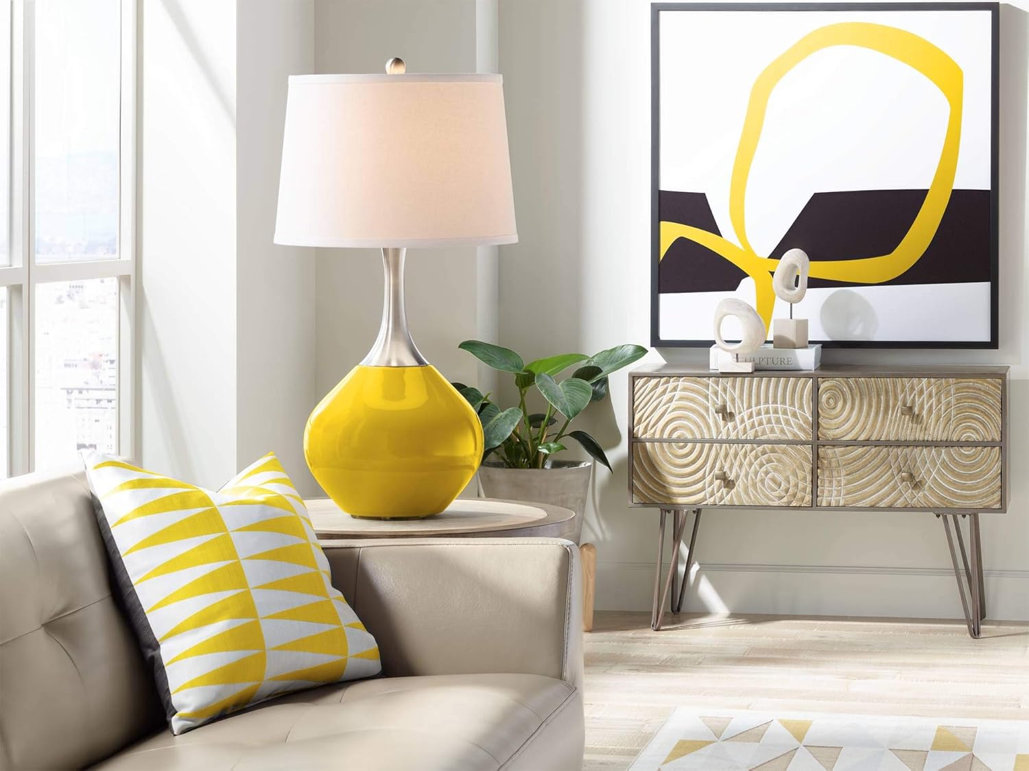 Color + Plus Spencer Modern Table Lamp 31" Tall Citrus Yellow Glass Brushed Nickel Neck White Tapered Drum Shade for Bedroom Living Room House Bedside Nightstand Home Office Entryway Family