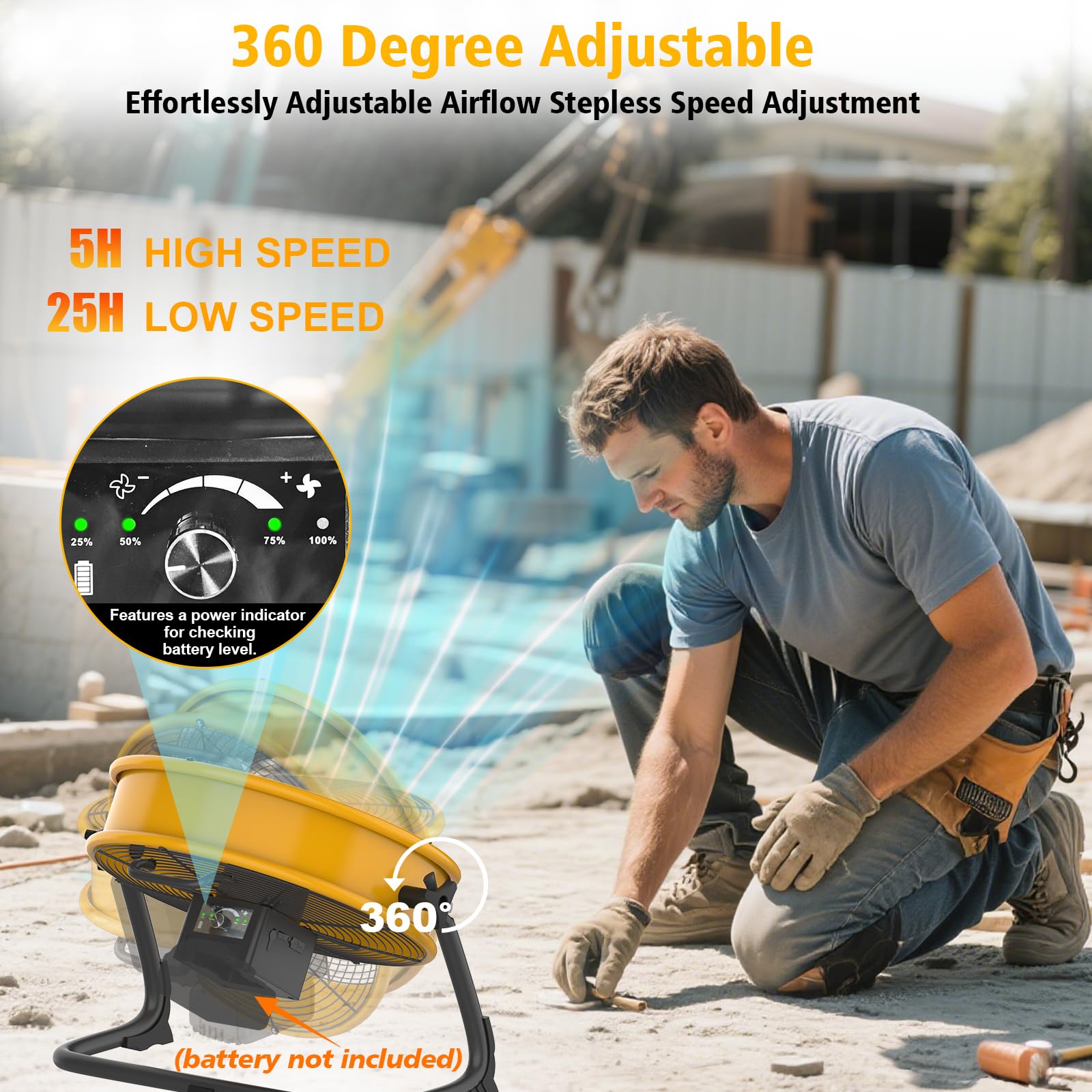 40CM Ventilatore a Piantana compatibile con De-walt Batteria/ Adattatore CA Regolazione Continua Della Velocità Inclinazione Regolabile a Silenzioso Maniglia Portatile Base Antiscivolo(Senza Batteria)