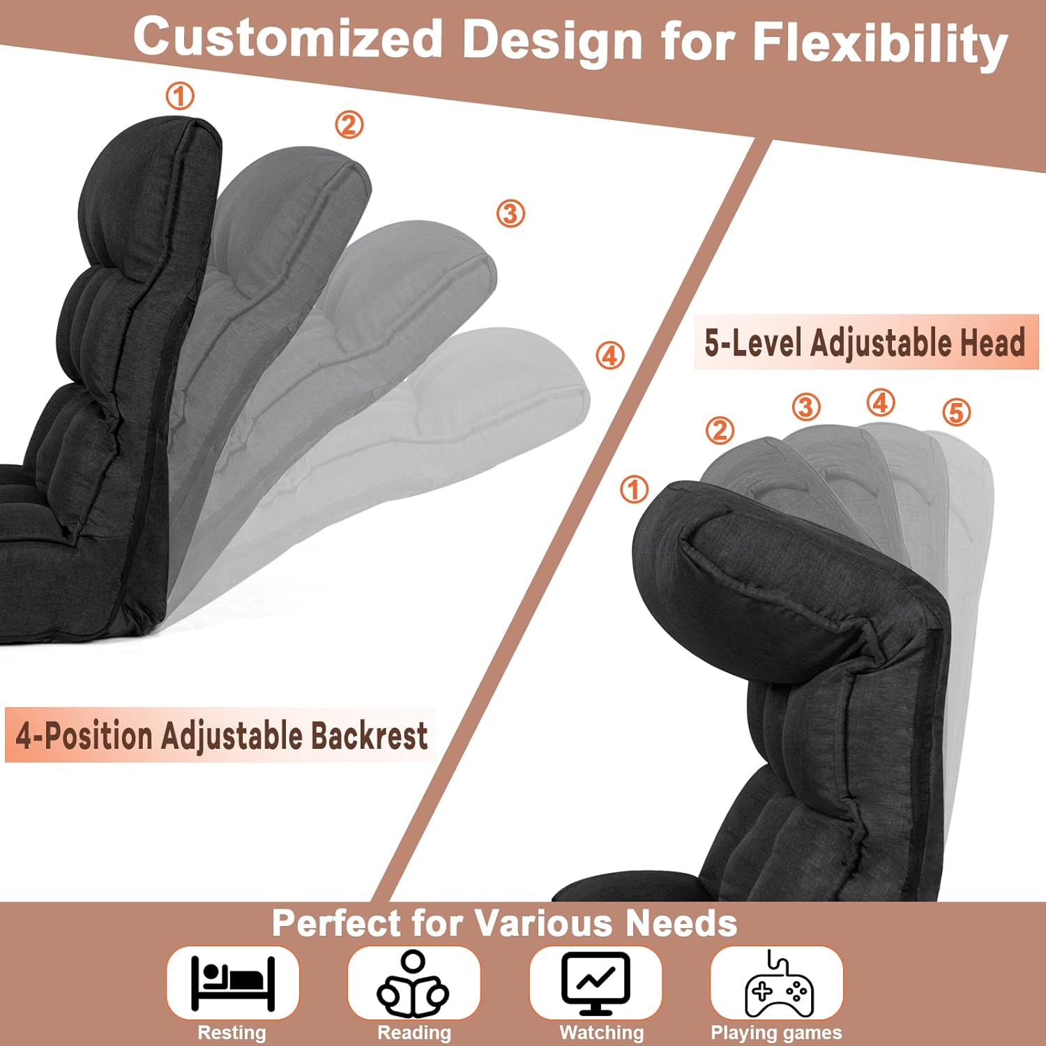 LDAILY Moccha Folding Floor Chair, Adjustable Sofa Chair with 5-Position Headrest & 4-Position Backrest, Floor Gaming Chairs with Thicken Cushion, Padded Chaise Lounge for Bedroom, Living Room, Black