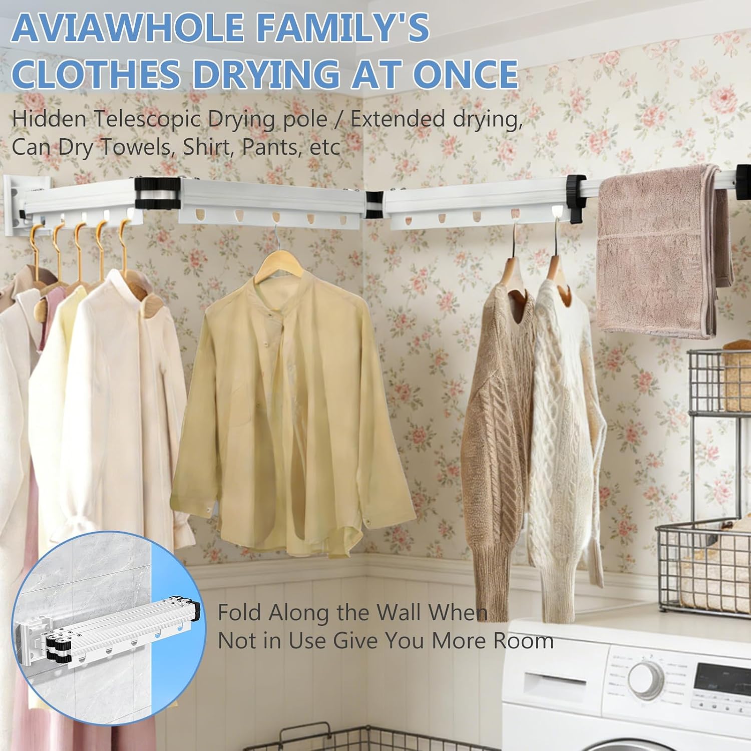 Clothes Drying Rack Wall Mounted, 3-Fold Space-Saving Drying Rack Clothing | Collapsible Foldable Retractable Laundry Rack for Indoor/Outdoor, Use inLaundry Room, Bathroom & Balcony, White