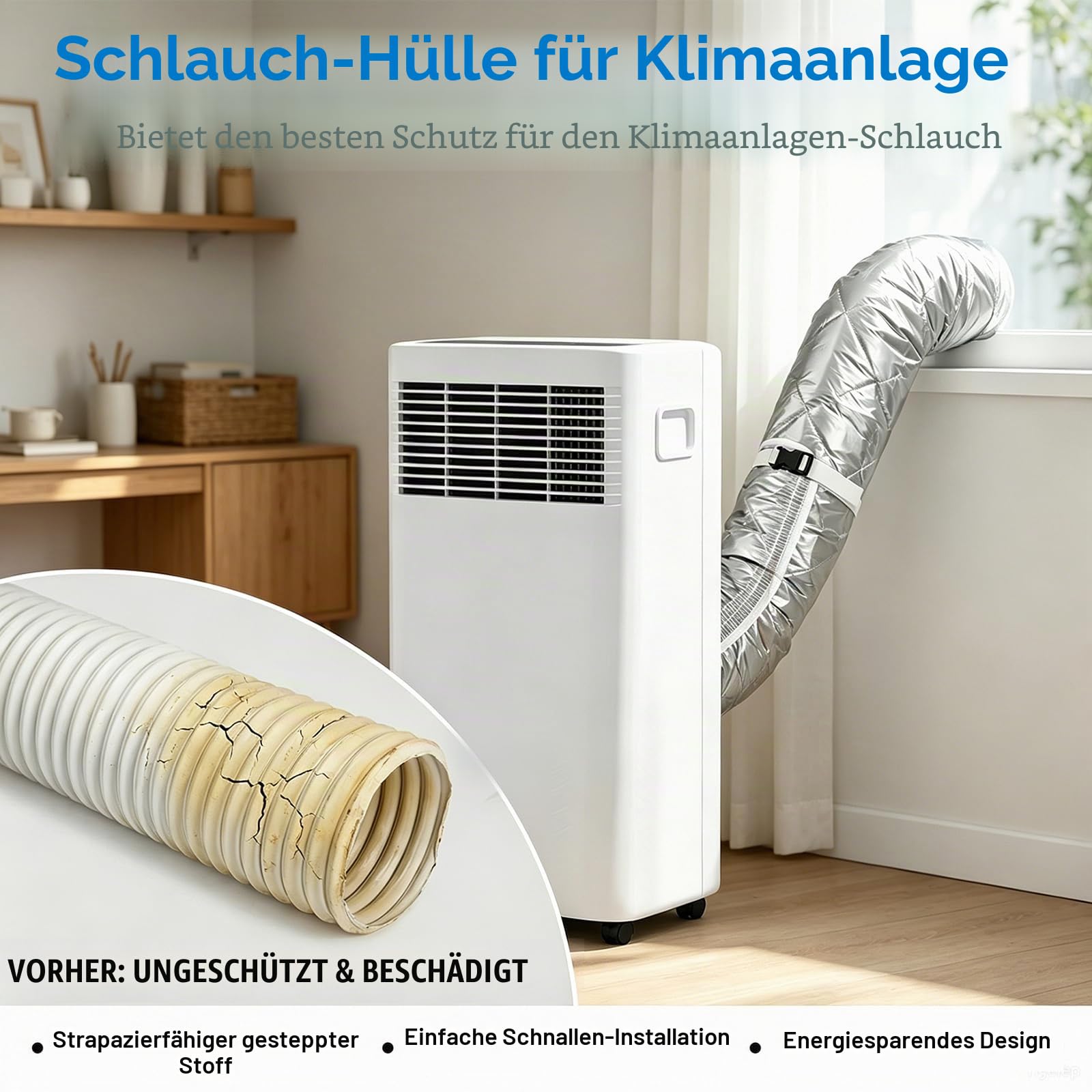 2 Stück 150x58CM Klimaanlage Abluftschlauch Isolierung für Ø15CM Abluftschläuche, Gesteppte Klimaschlauch Abdeckung für Mobile Klimageräte mit Klettverschluss und Verstellbaren Gurten(Silber, 2 Set)