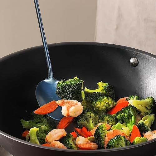 Miniatura 5 de Juego de herramientas de wok de espátula y cucharón hechos a mano, cucharón y espátula de hierro chino, utensilios de wok de 15.8 pulgadas