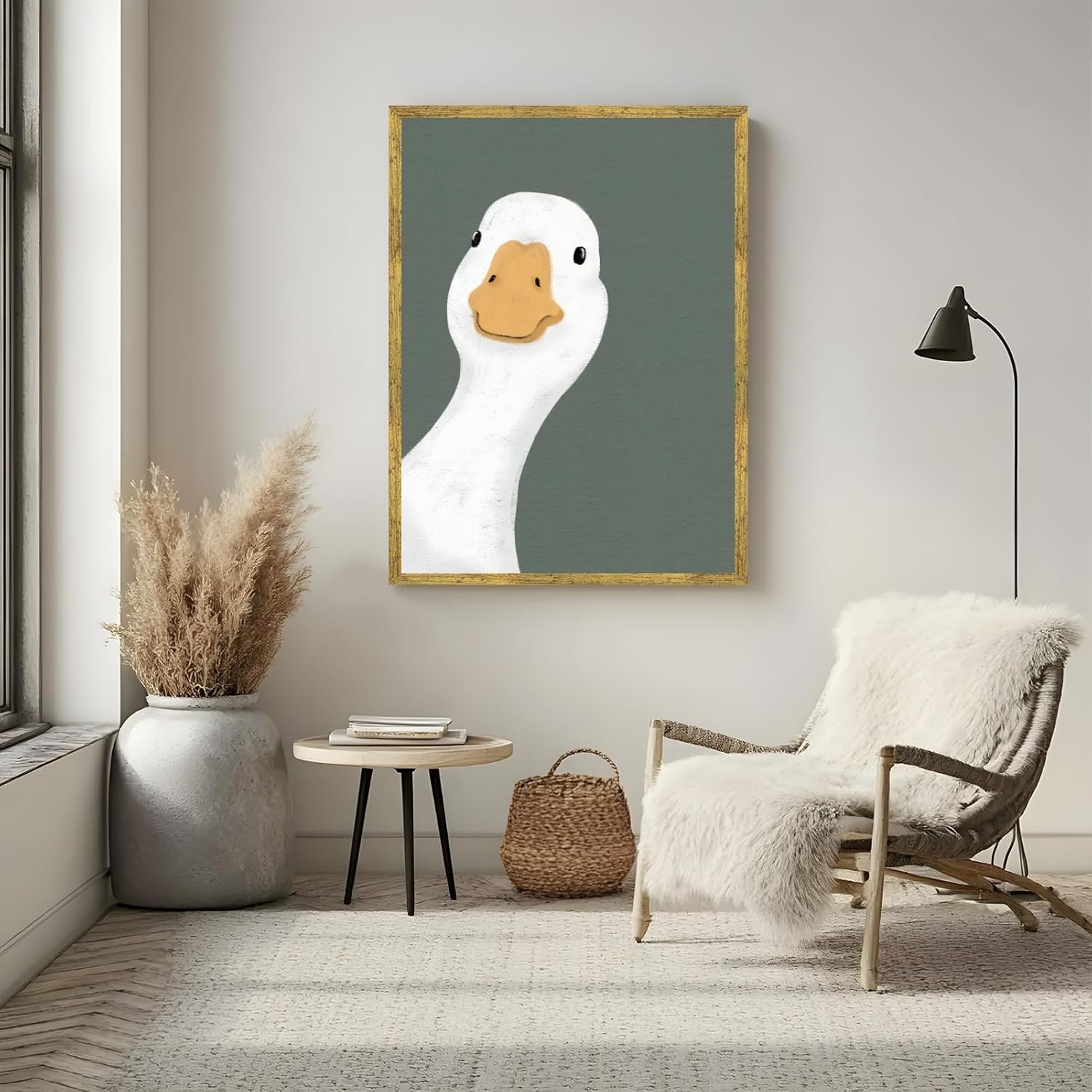 Balsuka Funny Silly Goose Wall Art Dark Green Animal Poster Cute Minimalist Duck Canvas Print Modern Farmhouse Geese Painting for Living Room Bedroom Bathroom Playroom Decor 16x24inch Golden Frame