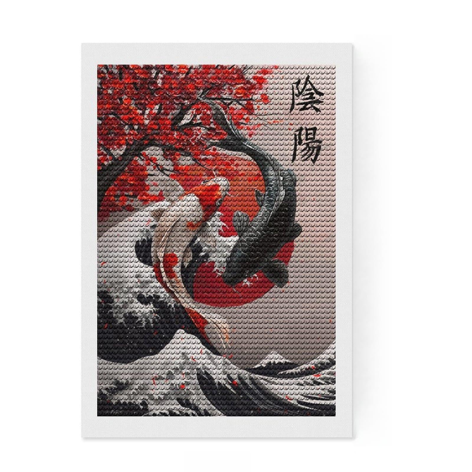 Junmoney Koi Fish Ying and Yang Oil Painting Diamond Painting Set 8"x12", for Craft Lovers, Complete Accessories, Birthday Gift, Bedroom Decor, with Tool Kit
