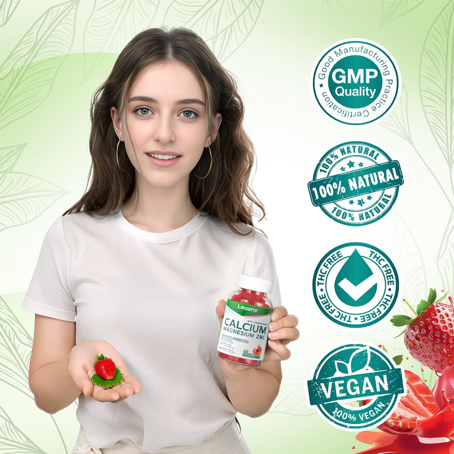 Calcium Magnesium Zinc Gummies with Vitamin D3 & K2 - High Potency Enhanced Absorption -120 Strawberry Gummies Flavored