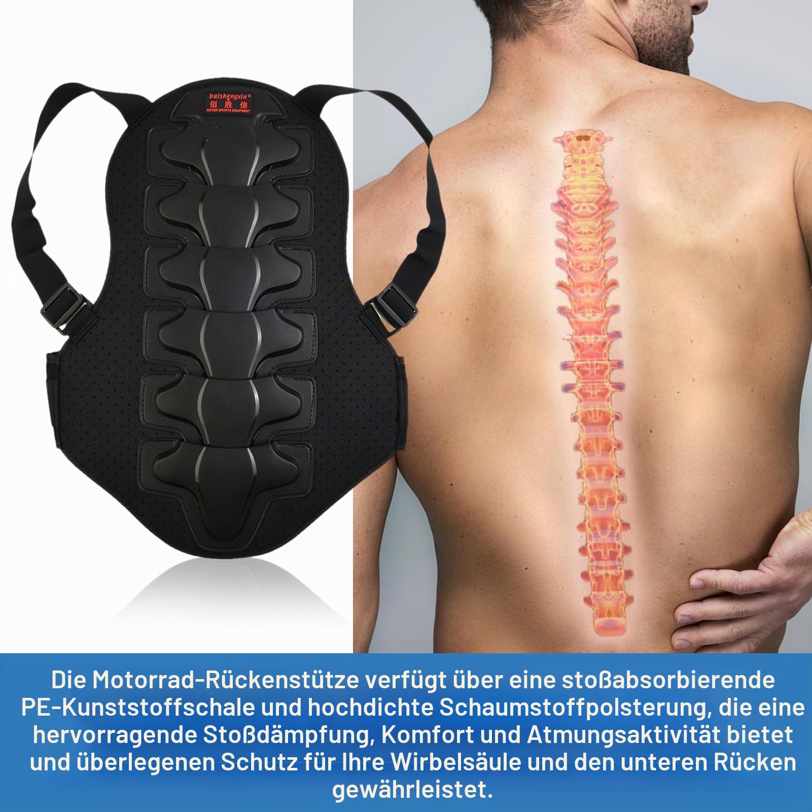 Motorrad-Rückenprotektor, Rückenprotektor für Erwachsene mit Anti-Schock-Design und verstellbarem Taillenschutz für Motorrad, Ski, Snowboard