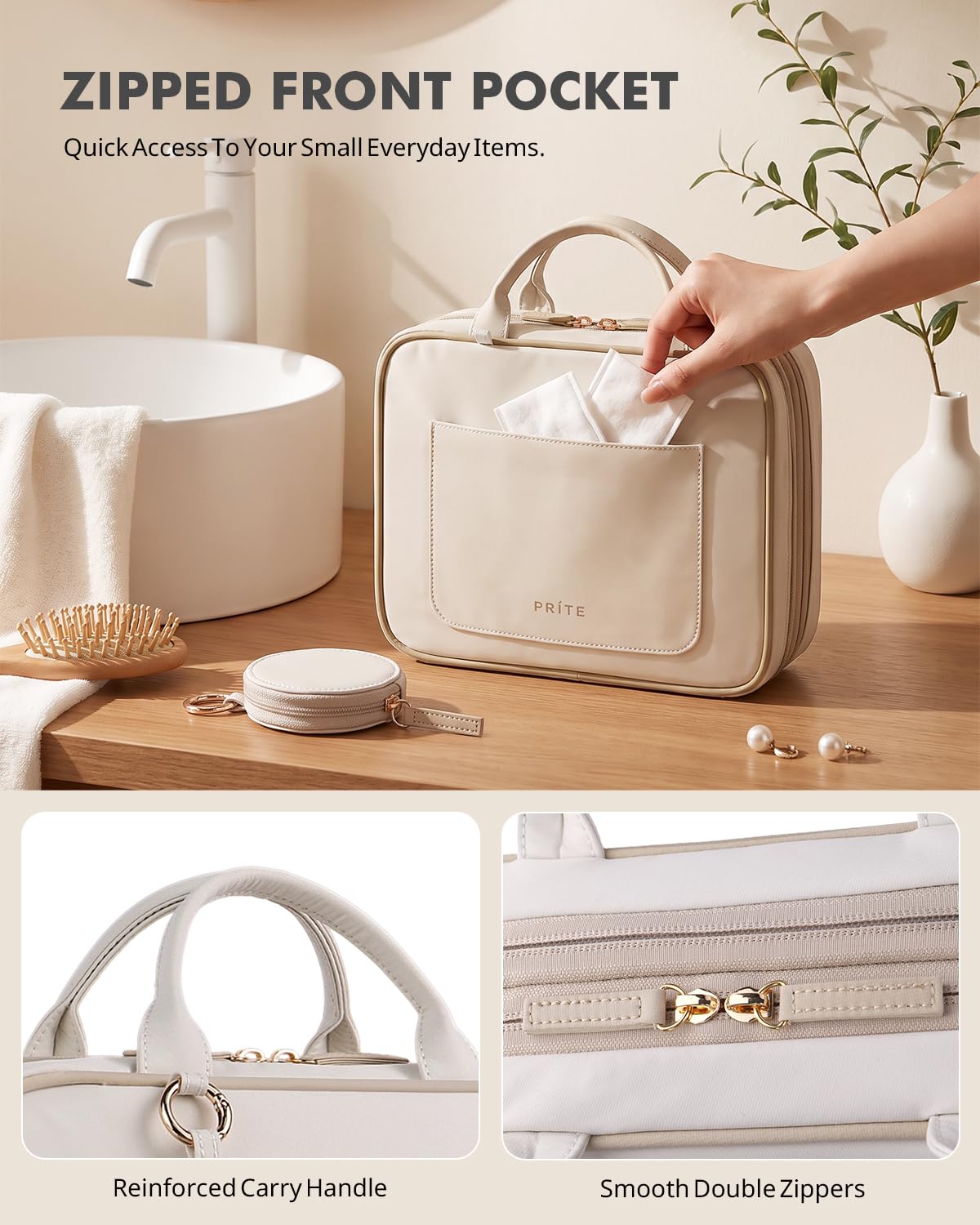 Prite Necessaire da Viaggio Sospendibile Espandibile per Donna e Uomo, L | Borsa Trucchi, Due Taglie, Pieghevole, Mini Pochette Rimovibile per Gioielli, Gancio Metallico, Resistente all’Acqua, TPU