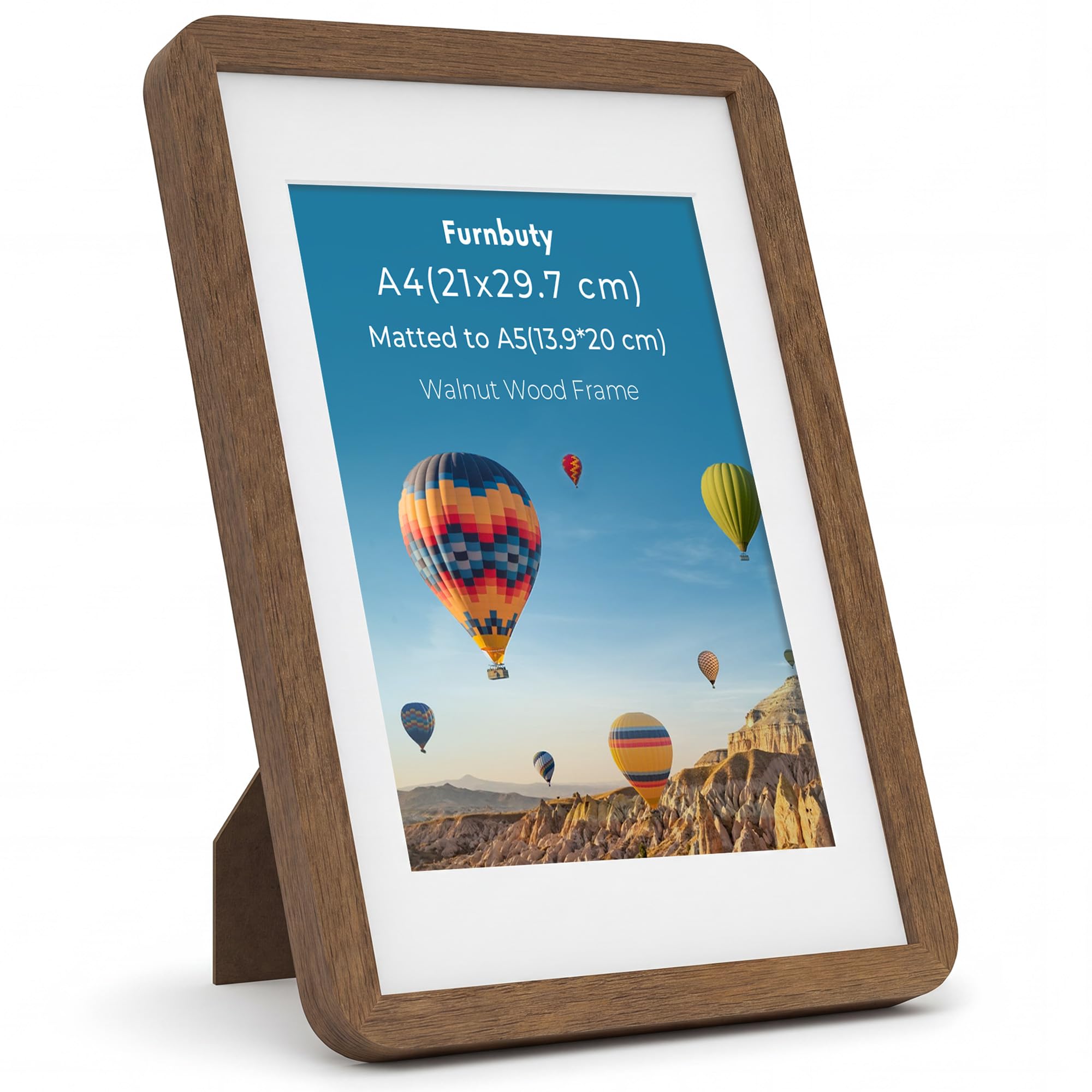 A4 Frame, A4 Photo Frame with Mount for A5 Photo, Handcrafted Rounded Corner A4 Walnut Frame with Stand Tabletop or Wall Hanging for Photos Certificates Art Prints Postcards Crafts