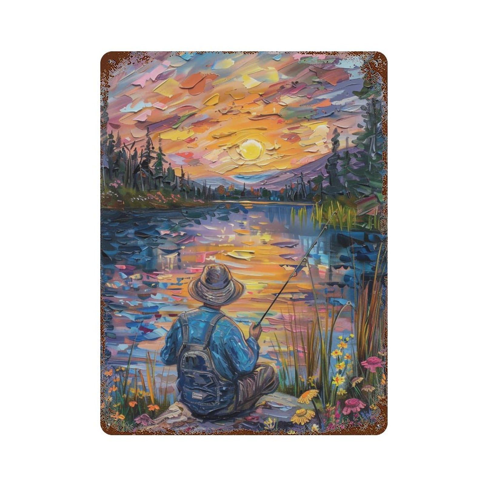 HDURYEYRYY Lakeside Fisherman Sunset Impasto 04 Wall Retro Iron Vintage Art Metal Tin Sign Poster Modern Home Cofffee Club Art Bar Shop Decor 40x30cm