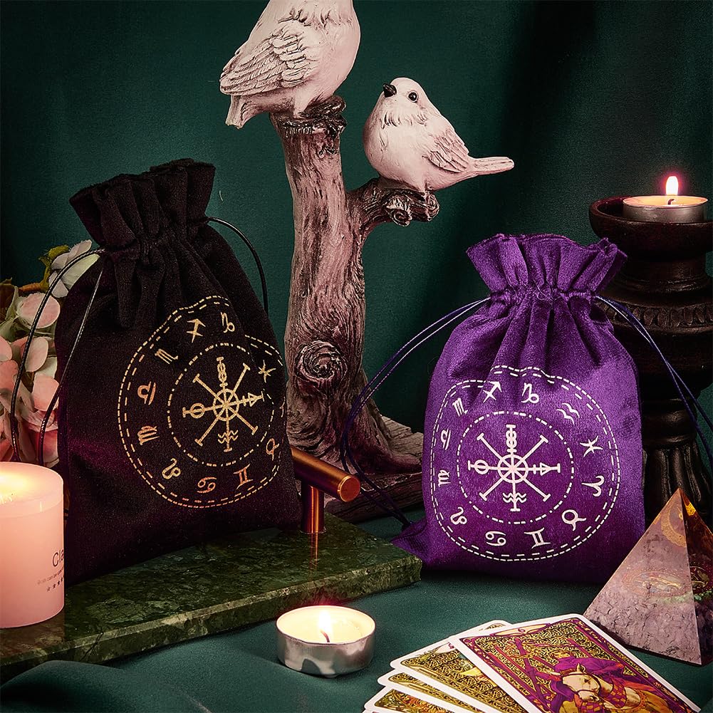 CREATCABIN 2 Bolsa Tarot Terciopelo Almacenamiento Tarjetas Tarot,12 Bolsas Constelaciones,Soporte para Runas con Cordones,Embalaje Grande para Cartas Tarot,Joyería Cristal,Dados,18x13cm,Negro Morado