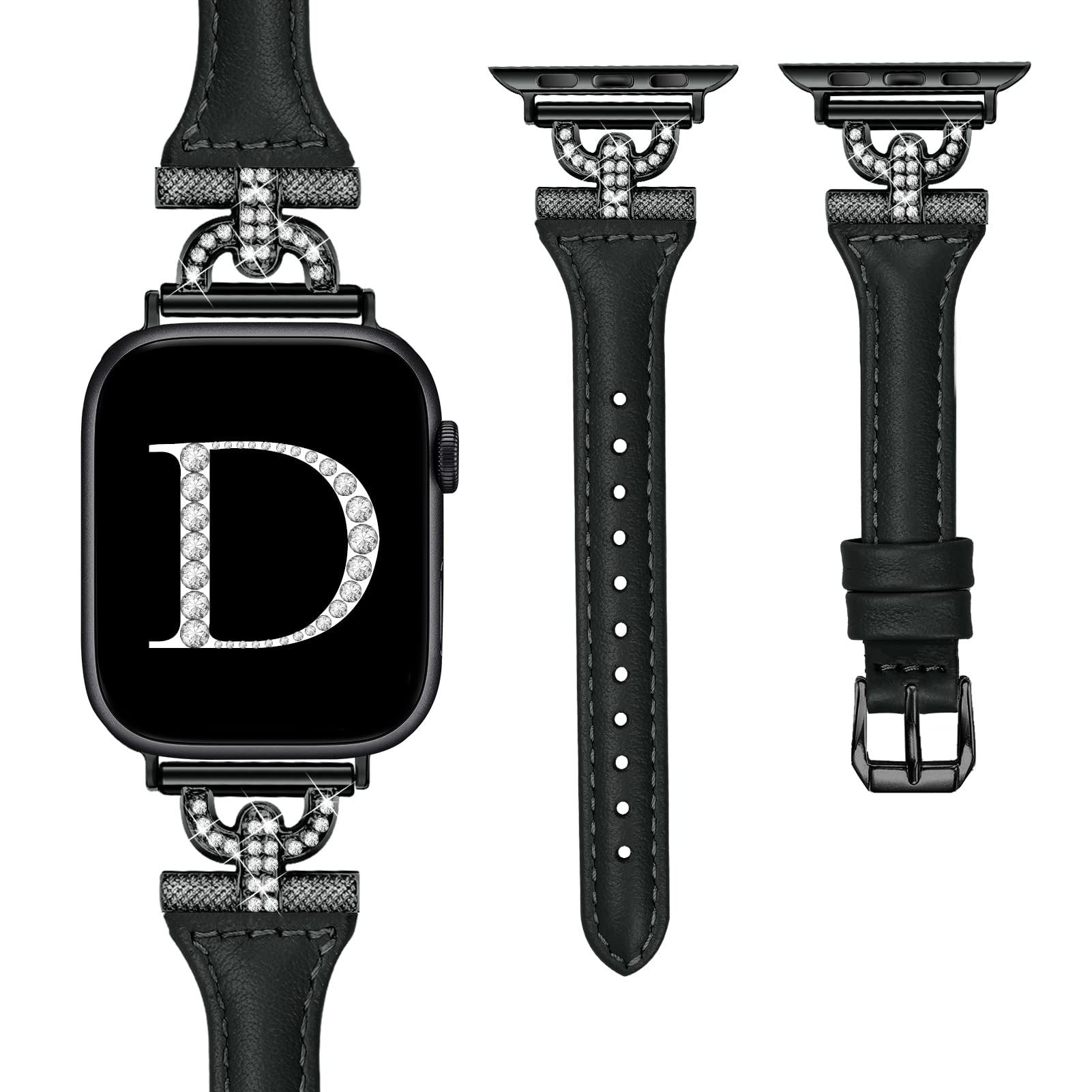 OULUCCI Slim Leather Bands Compatible with Apple Watch Band For women 40mm 41mm 38mm 44mm 45mm 49mm 42mm 46mm, D-Shape Diamonds For iWatch Women Bands