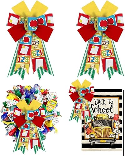 2 lazos de bienvenida de regreso a la escuela para corona, lazos de corona preescolares, lazos de arpillera verde y amarillo, lazos de arpillera
