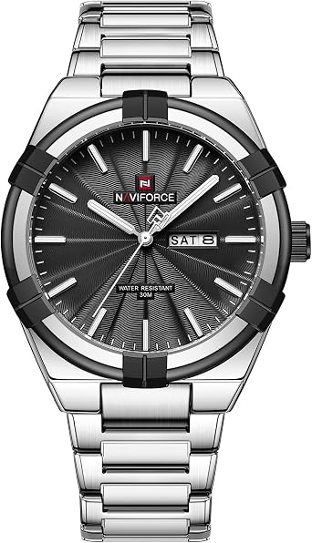 NAVIFORCE Mens Quartz Watch Auto Date Week Business Dress Analog Stainless Steel Wrist Watch, Black+Silver, Made in Japan